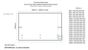 Clear Toughened & Heat Soaked Standoff Balustrade Panel Top Handrail 12(T) x 1280(H)