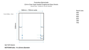 Clear Toughened & Heat Soaked Standoff Balustrade Panel Top Handrail 12(T) x 1280(H)