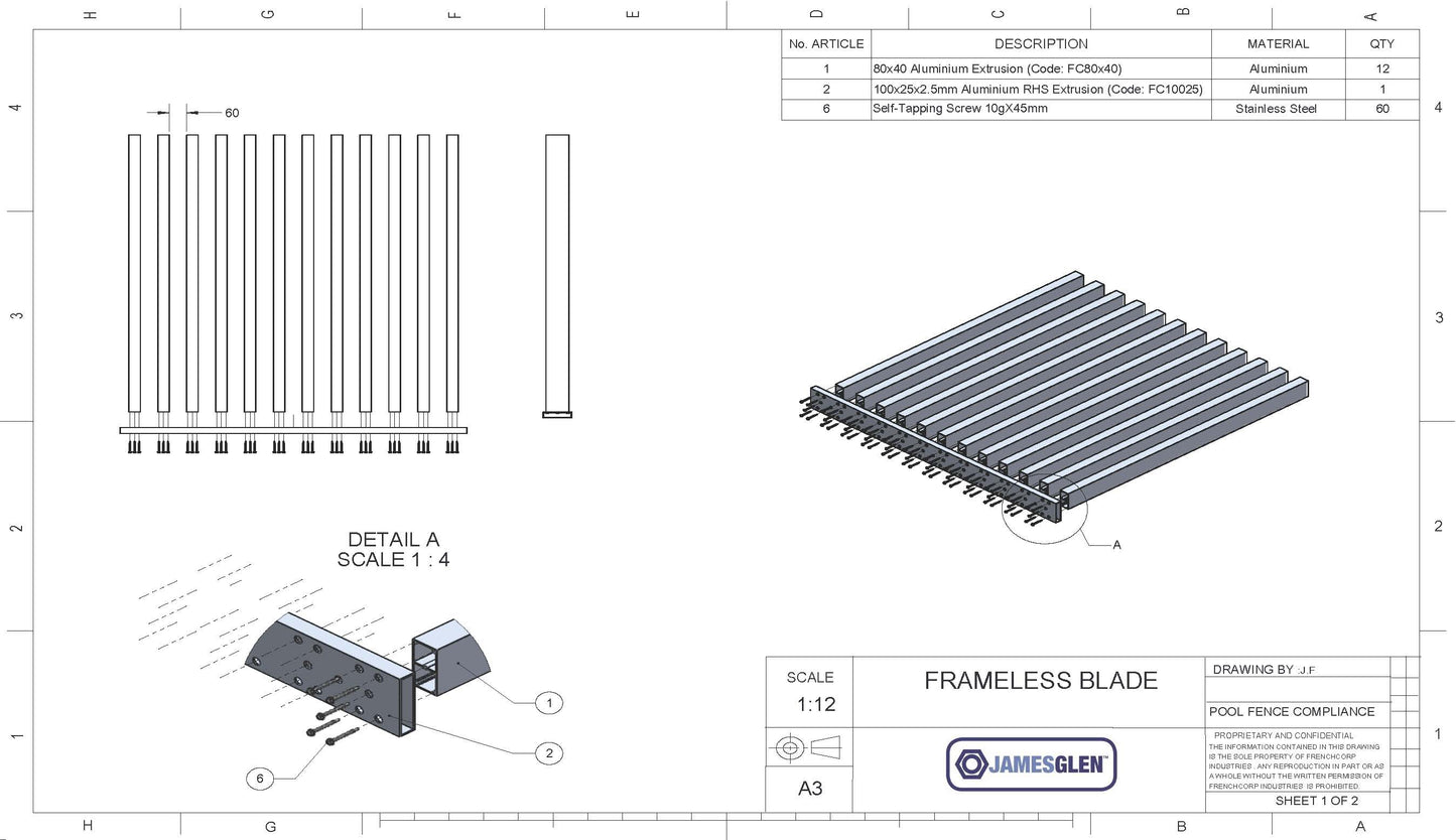 Frameless Blade Pool Fencing 1.8 meter (W) x 1.2-1.3 meter (H) KIT