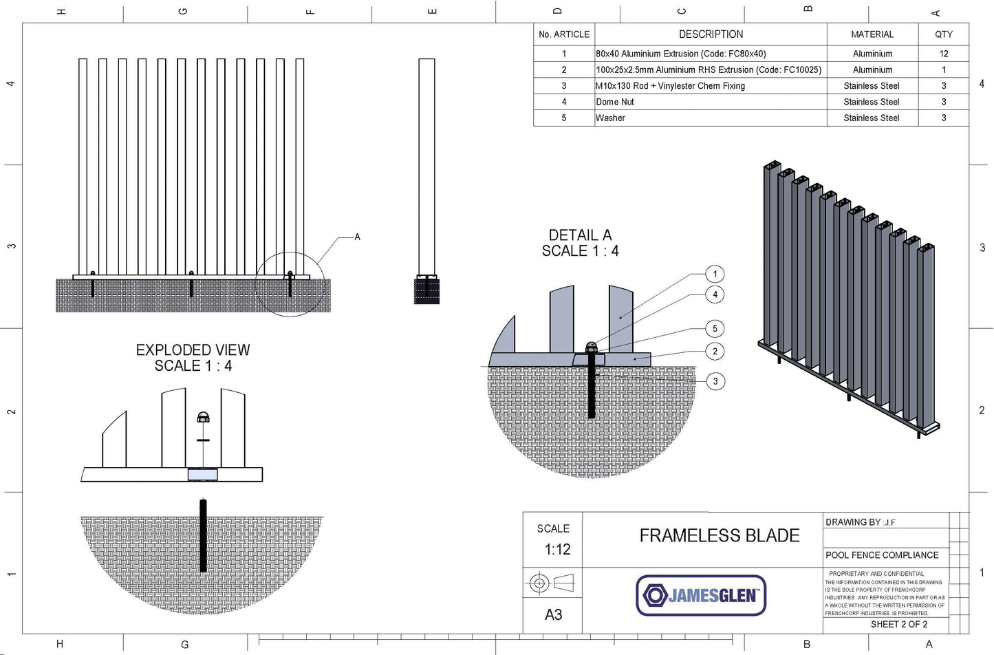 Frameless Blade Pool Fencing 1.8 meter (W) x 1.2-1.3 meter (H) KIT